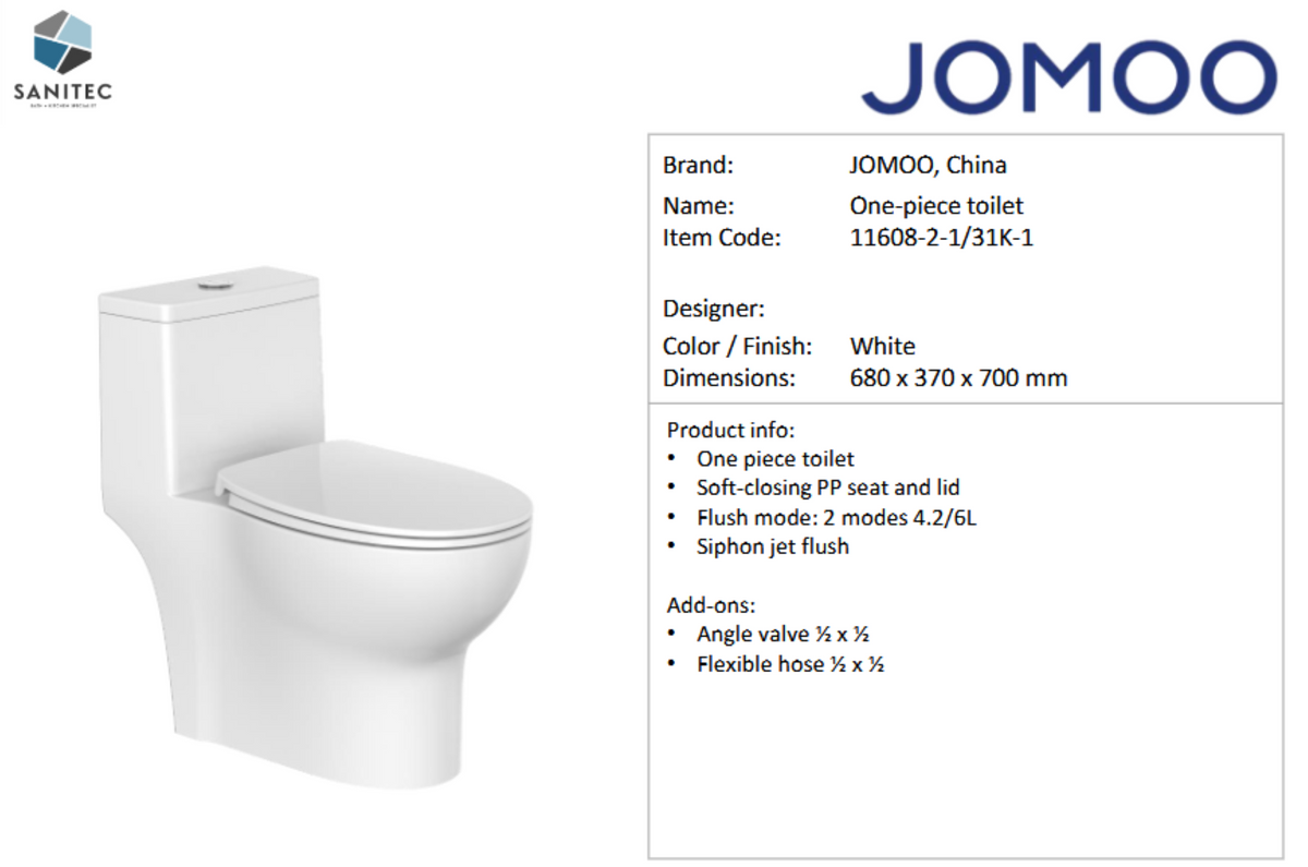 JOMOO One Piece Toilet 11608-2-1/31K-1 – Sanitec Import Ventures