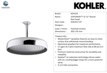 Load image into Gallery viewer, Kohler GCS Statement 1F round shower head 12&quot; Chrome K26291T-CP
