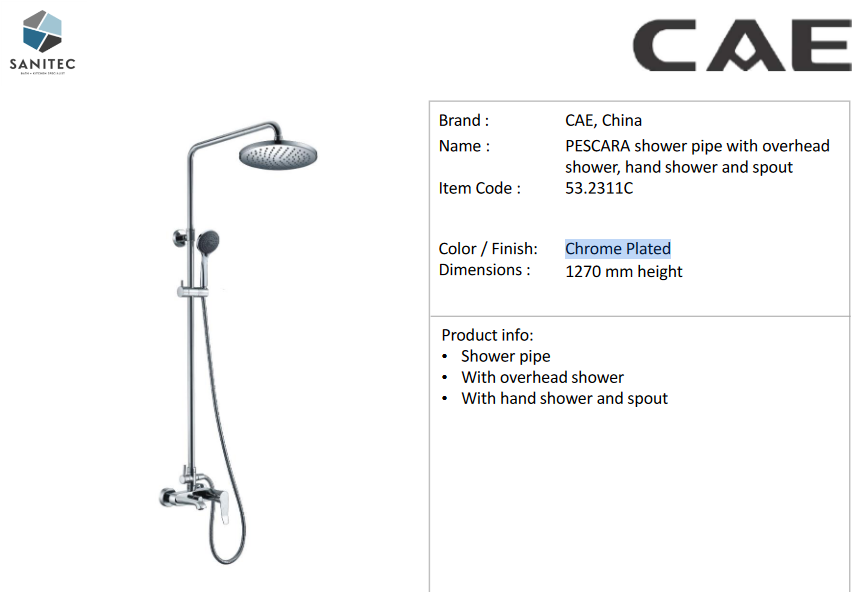 CAE Pescara wall mounted shower pipe with hand & overhead shower and s ...