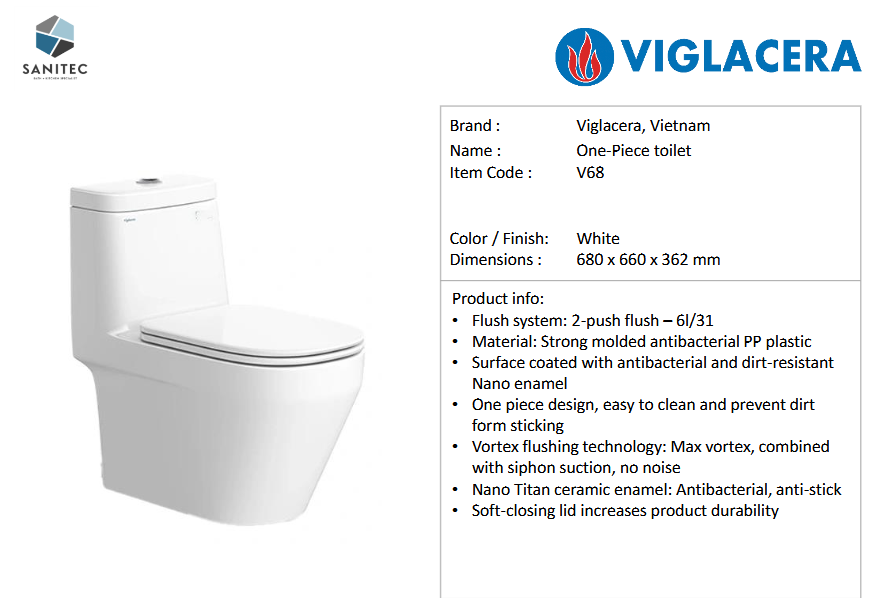 Viglacera 1pc dual flush toilet V68 – Sanitec Import Ventures