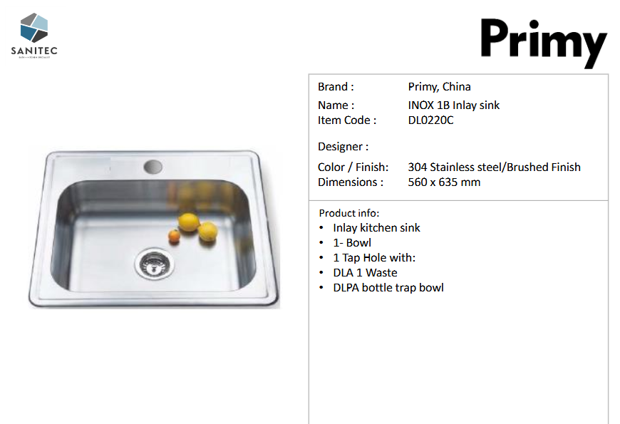 Primy Primy Single Bowl Sink 0001C – Sanitec Import Ventures